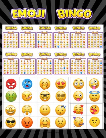 Emoji bingo cards with various expressive emoji faces.
