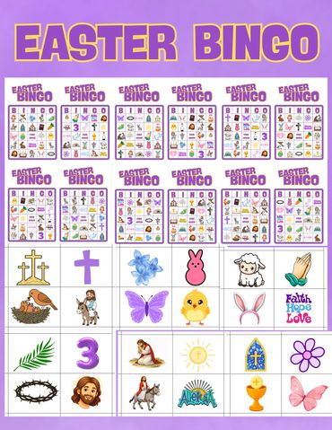 Easter Bingo cards with various Easter-themed icons.