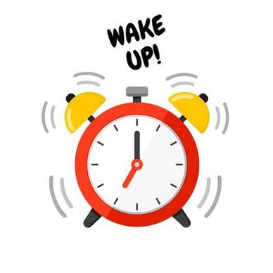 A ringing red and yellow alarm clock with 'WAKE UP!' text above.