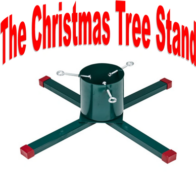 A green metal Christmas tree stand with red caps and tightening screws.