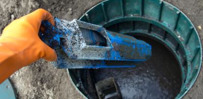 Hand with orange glove cleaning a blue filter from a green container.
