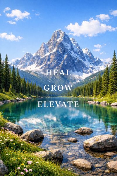 Mountain landscape with lake and inspirational words: Heal, Grow, Elevate.