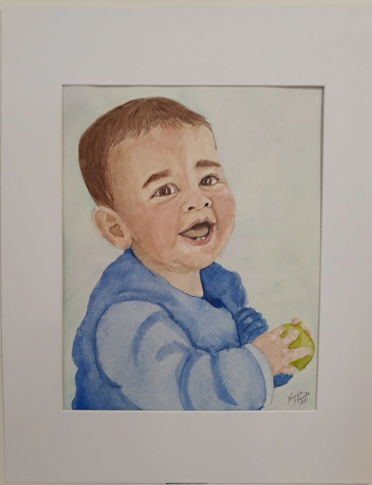watercolor portrait of a boy with a ball