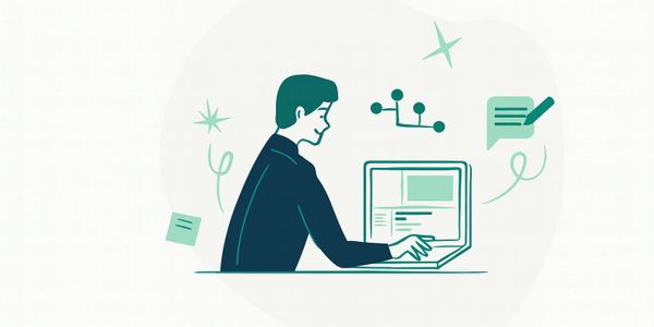 Illustration of a person working on a laptop with digital icons around.