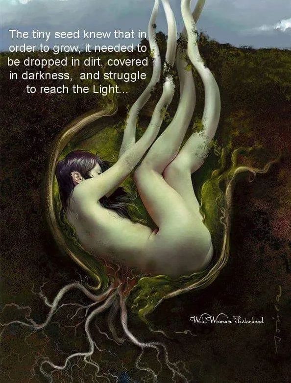 A woman transforming into roots and stems, symbolizing growth through struggle.