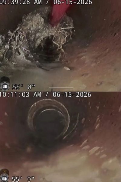 Screen shots of a Sewer Inspection showing the before and after results of Hydro Jetting roots