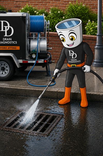 Mascot character power washing a drain grate with hydro jetting equipment.