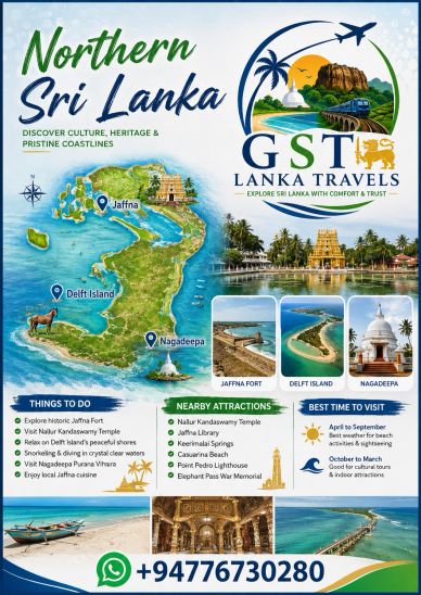 Travel poster showcasing Northern Sri Lanka's culture, heritage, and attractions with a map and highlights.