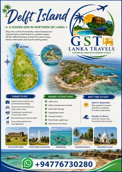 Travel poster for Delft Island, Sri Lanka, highlighting attractions and activities.