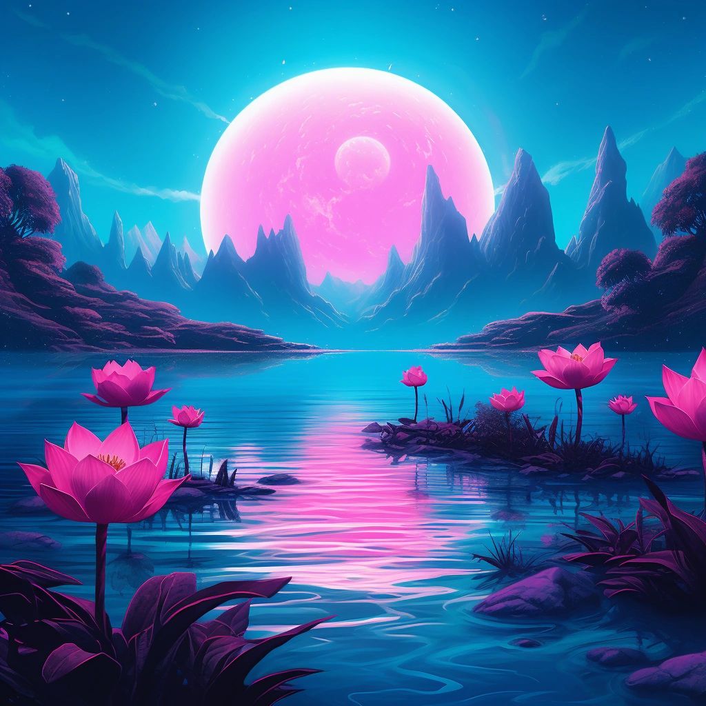 Poised and balanced rocks, celestial moon aglow in teal brilliance, an explosion of vibrant pink