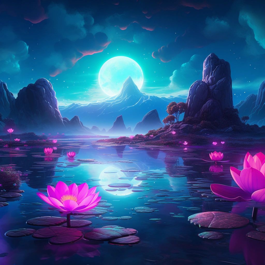 Serene stacked rocks, luminescent teal moon casting its glow, a burst of vibrant pink