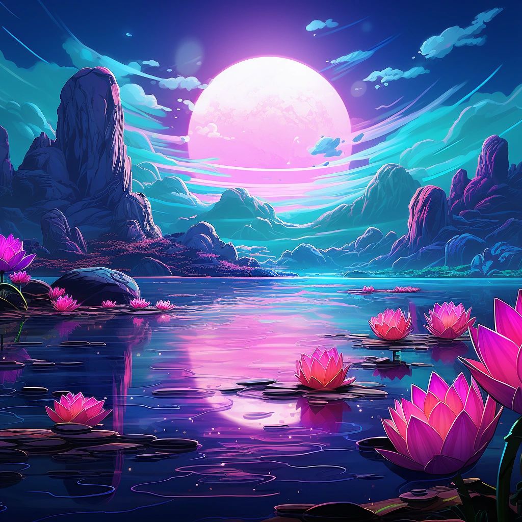 Balanced stone arrangements, celestial moon glowing in teal splendor, vibrant shades of pink