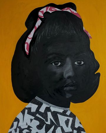 Portrait of a woman with a black face and patterned dress.