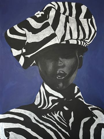 A person wearing zebra-striped clothing and hat against a dark background.