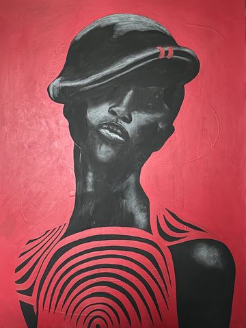 Monochrome portrait of a woman in a hat on a red background.