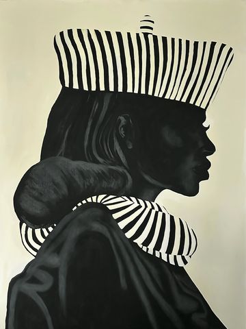 Profile of a figure with black and white striped hat and collar.