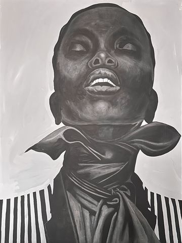 Monochromatic portrait of a person with a dramatic expression and scarf.