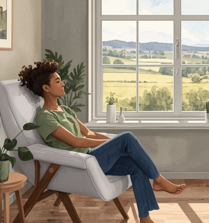 A woman relaxes in a chair by a window overlooking a serene countryside.