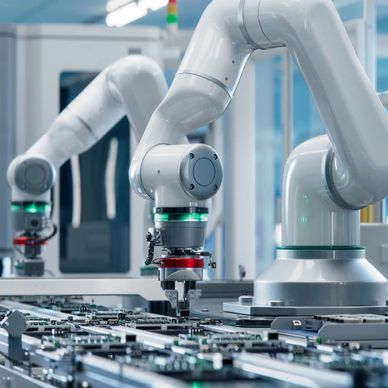 Robotic arms assembling electronic components on a production line.
