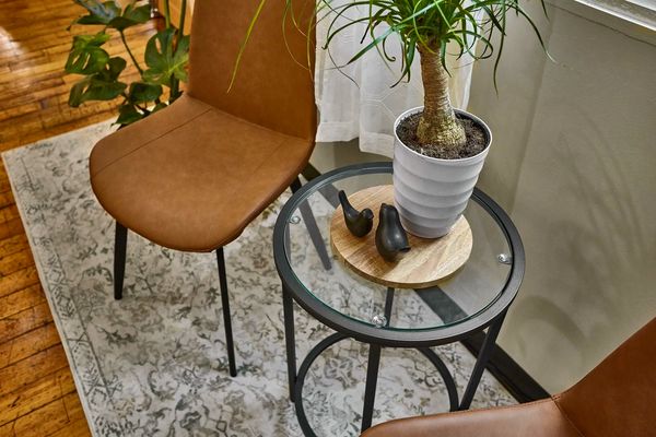 Cozy waiting area with leather chairs, glass table, greenery, and modern spa décor.