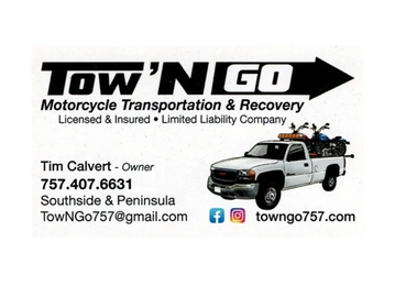 Business card for Tow 'N Go motorcycle transport and recovery service.