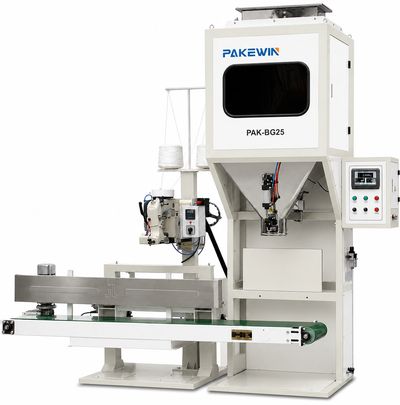 Automated packaging machine with conveyor belt and control panel.