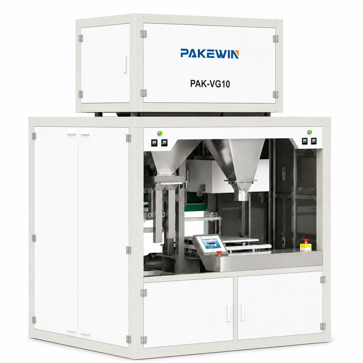 Industrial packaging machine labeled PAKWIN PAK-VG10 with a modern design.