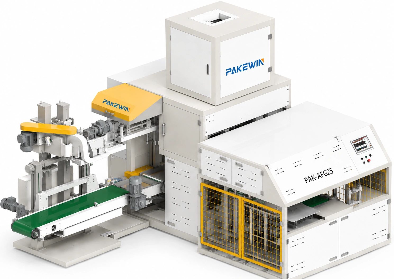 Industrial packaging machine PAK-AFG25 with conveyor belt and control panel.