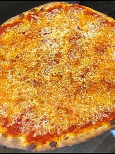 A large cheese pizza with a golden, melted crust.