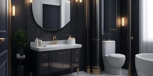 Elegant black bathroom with gold accents and modern fixtures.