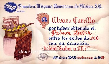 Premio a SABOR A MÍ como primer lugar de los éxitos de 1960