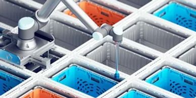 A robotic arm picking items from blue and orange storage bins.