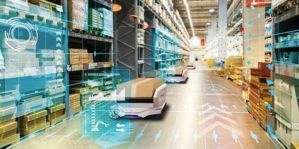 Warehouse with automated robots managing inventory and digital overlays.