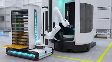 Autonomous robotic arm operating in an industrial setting with storage racks.