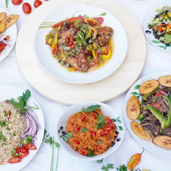 many plates with food
