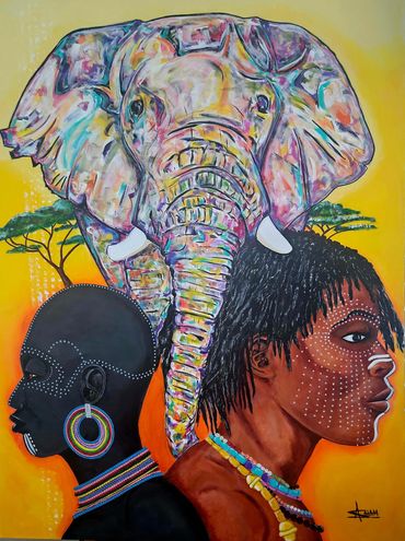 Vibrant African-inspired painting featuring two profiles and a colorful elephant head.