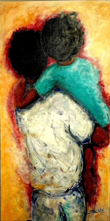 Abstract painting of a person carrying a child on their shoulders with warm background colors.