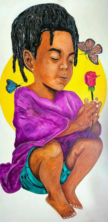 Child in purple holding a red rose with butterflies near a yellow circle.