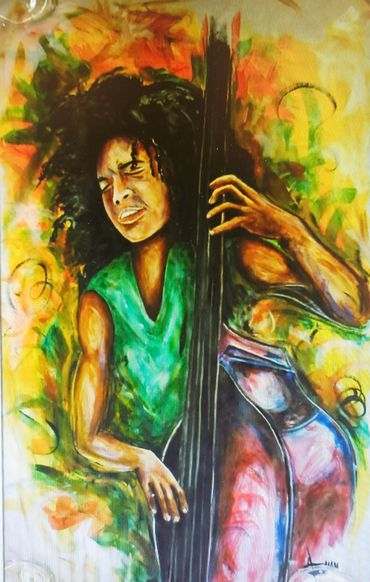 Vibrant painting of a passionate musician playing a double bass.
