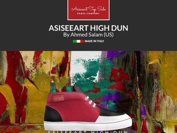 Red and black high-top sneakers by Asiseeart against a colorful abstract background.