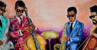 Colorful painting of four jazz musicians playing instruments in vibrant suits.