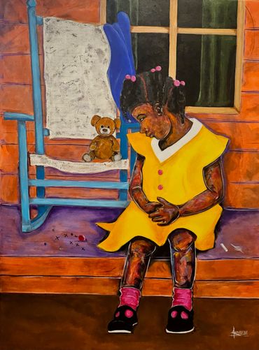 A young girl in a yellow dress sitting beside a teddy bear on a porch.