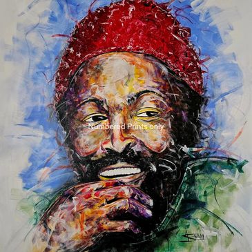Colorful painting of a smiling man with a red hat and textured brush strokes.