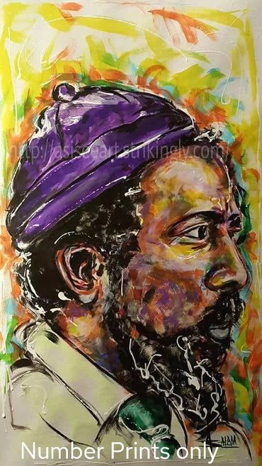 Colorful portrait of a man in a purple hat with a beard.