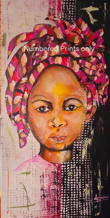 Portrait of a girl with vibrant headwrap and intense gaze on a textured background.