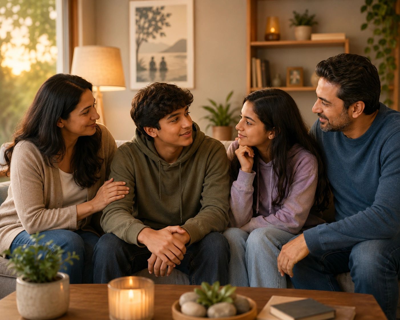 A family of four sharing a warm, supportive moment at home.