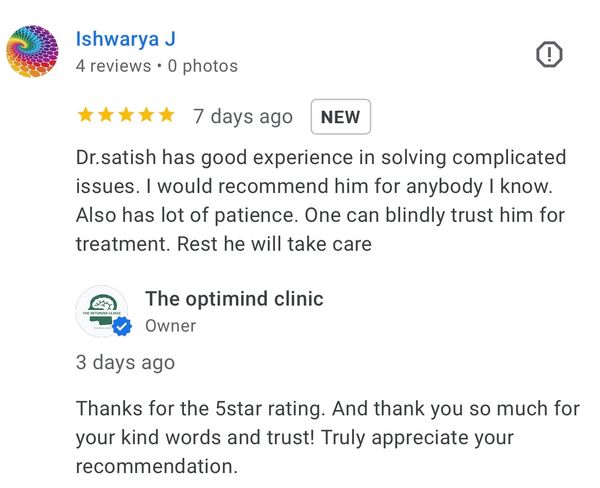 Patient review praising professional care and support for relationship issues at Optimind Clinic