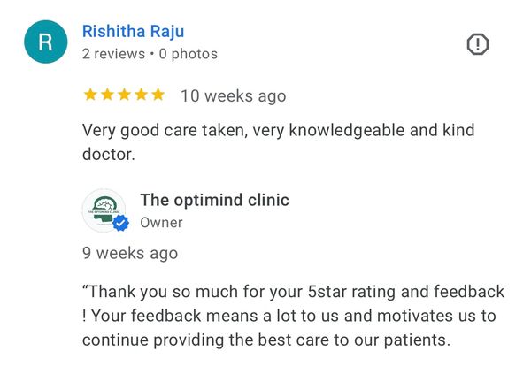 Patient review highlighting Dr. Sathish Kumar’s expertise and compassionate care at Optimind Clinic,