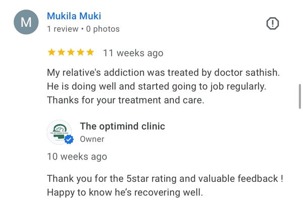 Review highlighting successful treatment for addiction and related issues at Optimind Clinic