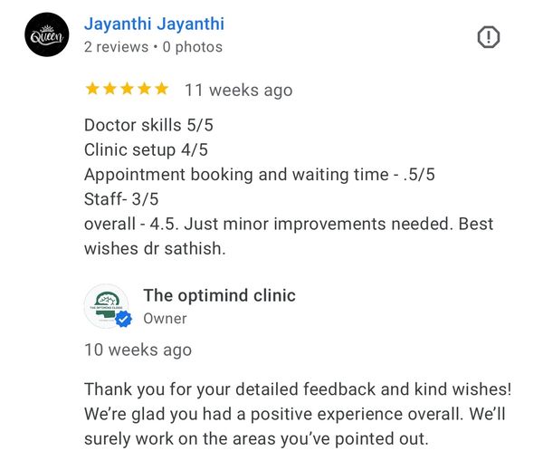 Patient rates all aspects of Optimind Clinic—doctor expertise, staff support, cleanliness, and overa